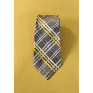 Express Silk Tie Men's Gray And Yellow Plaid Satin Length 59" Width 3" EUC